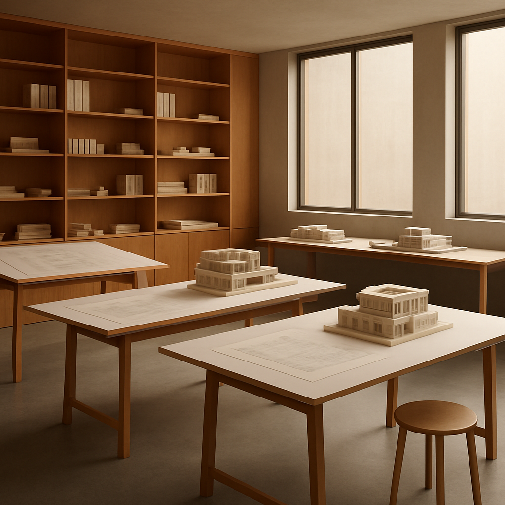 The ZFA Architects studio interior with drafting tables and scale models